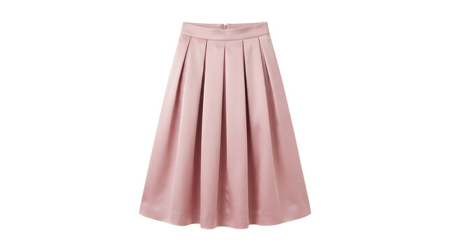 A women mid length pleated a line skirt in dusty pink mauve color isolated on a solid white background showcasing vertical box pleats and waistband with zipper closure in e-commerce photography style