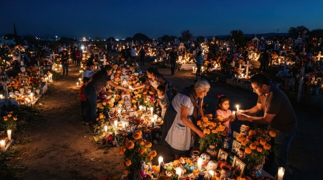 Families gather at a cemetery at night to celebrate the traditional Day of the Dead in Mexico