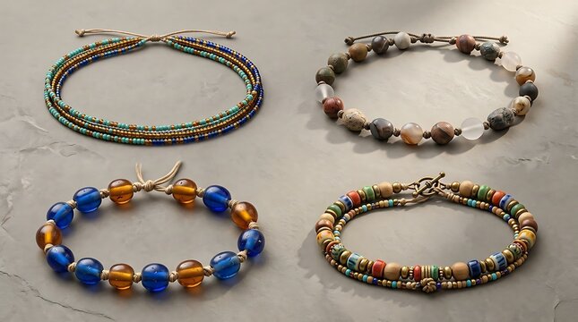 A collection of artisanal african waist beads and handcrafted beaded bracelets displayed on a neutral textured surface