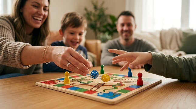 Happy family playing a colorful board game together in a cozy living room, bonding time for parents and children