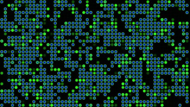 Dense digital technology matrix with glowing green and blue dots complex digital data