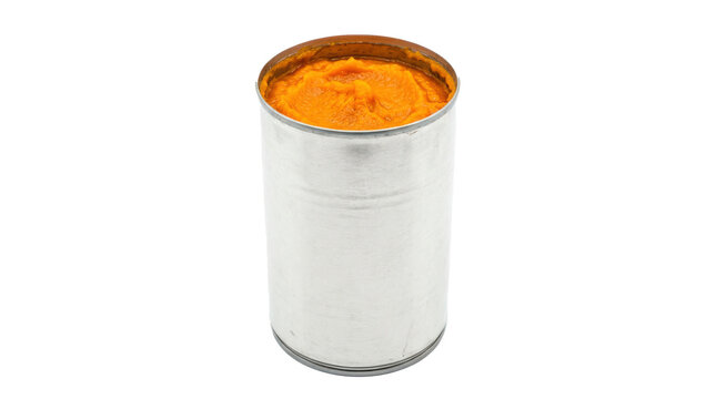 Plain metal can of pumpkin puree with smooth cylindrical shape, clean unbranded surface and warm orange pumpkin puree visible at the opened top, practical autumn baking ingredient, photorealistic,