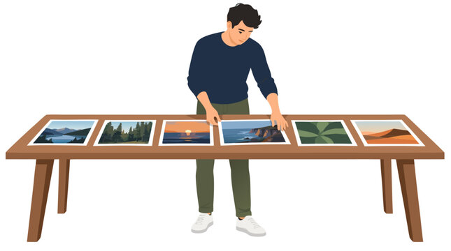 Young man arranging six landscape photographs on long wooden table reviewing nature prints of lake mountains forest sunset ocean cliffs in flat vector illustration isolated on white background