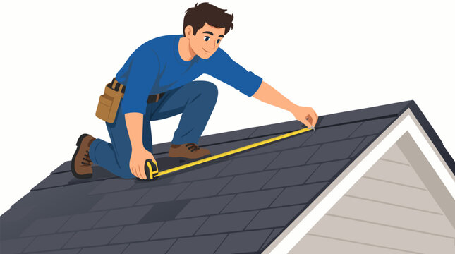 Young contractor kneeling on residential rooftop measuring dark shingles with yellow tape measure for future solar panel installation planning in bold flat vector illustration work concept