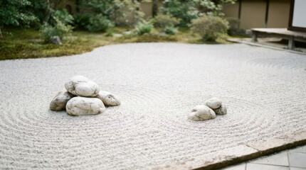 Fototapeta premium A Japanese zen garden features a raked sand area with a carefully arranged pile of stones. The sand is meticulously patterned with concentric circles.