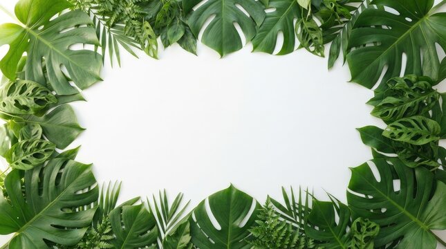 A lush arrangement of vibrant green tropical leaves forms a circular frame around a bright white background. The leaves, including monstera and fern varieties, create a natural and refreshing border.