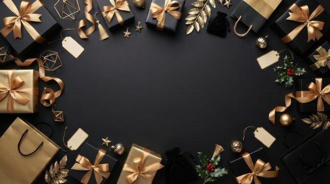 Black Friday gift box border with golden ribbons and festive decorations on a dark background