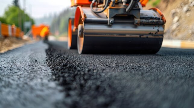 Road construction with asphalt roller compacting surface