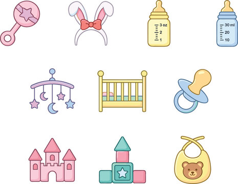 Cute pastel infant nursery vector illustrations set containing feeding bottles rattles pacifier bib toy blocks and wooden crib
