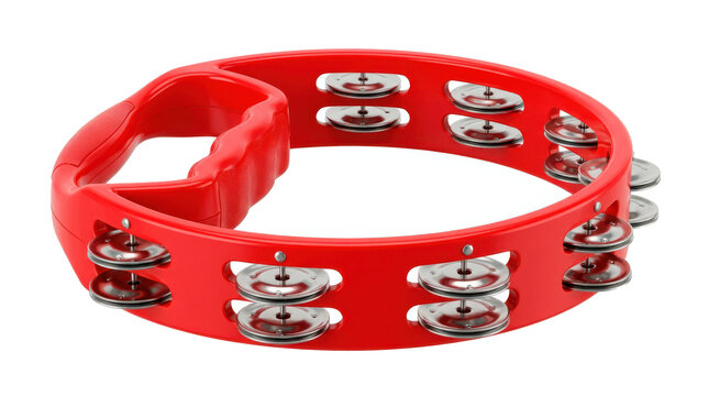 Red plastic tambourine with bright circular frame, integrated polished metal jingles and ergonomic hand grip, classic percussion instrument, photorealistic, front 3/4 view, horizontal orientation,
