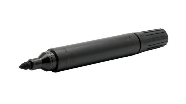 Black permanent marker with a cylindrical plastic body and a felt writing tip. Photorealistic, side 3/4 view, horizontal orientation, ultra-high-resolution 8K, on a pure white background (#FFFFFF)