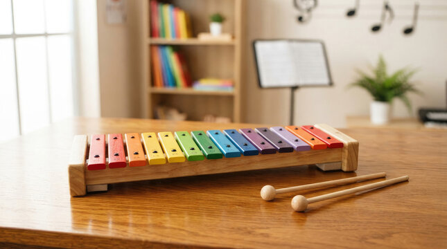 A wooden xylophone rests on a polished wooden table. The xylophone has twelve colorful bars, each with a distinct color.