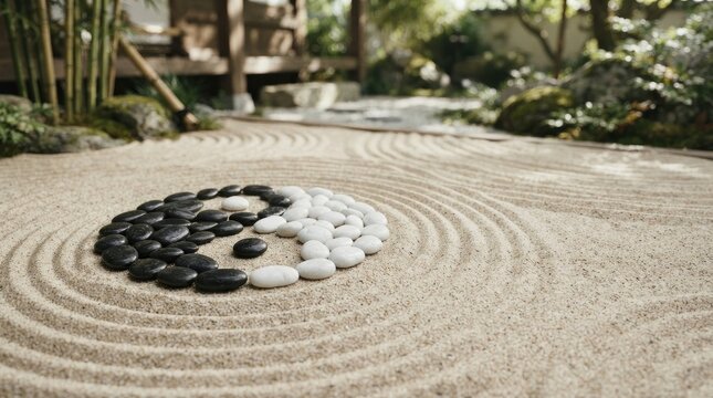 A person carefully arranges black and white stones in a sand garden. The stones form a Yin and Yang symbol on a raked sand pattern.