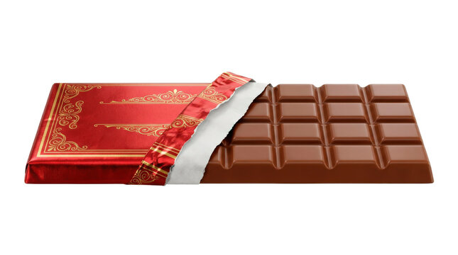 Milk chocolate bar with smooth segmented surface, rich warm-brown color, partially wrapped red-and-gold foil packaging, and premium confectionery appearance. Photorealistic, front 3/4 view, horizontal