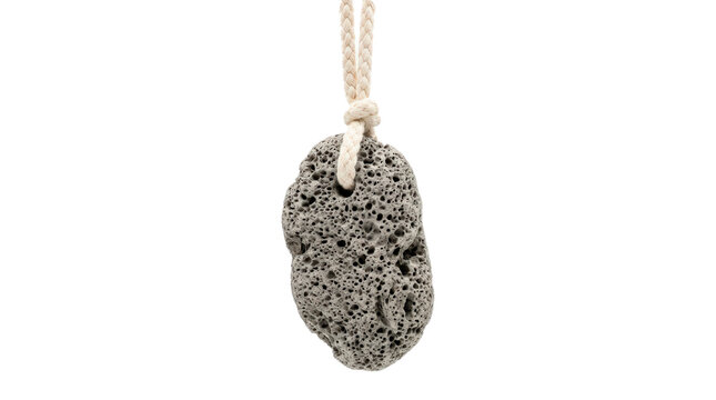 Natural volcanic pumice stone with a highly porous, rough grey surface, attached to a thick braided cotton hanging rope. Photorealistic, top 3/4 view, horizontal orientation, ultra-high-resolution 8K,
