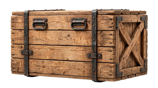 Rustic wooden crate with sturdy plank construction, dark metal straps and diagonal reinforcing braces, weathered natural timber grain and durable handcrafted storage design. Photorealistic studio