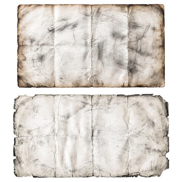 Two aged folded paper sheets with frayed edges are displayed against a white background ancient antique artifact beige brown cellulose