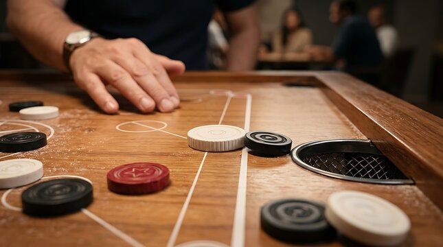Close up shot of a person playing carrom game on a wooden board with white and black pieces while flicking a striker into the hole