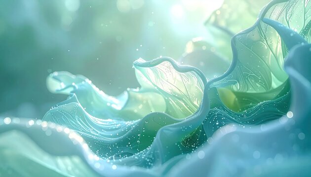 Ethereal teal liquid waves with sparkling light.