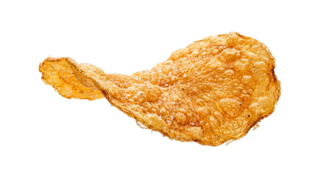 Single crispy potato chip with thin curled form, golden fried surface, delicate bubbled texture and appetizing crunchy appearance, photorealistic, front 3/4 macro view, horizontal orientation,