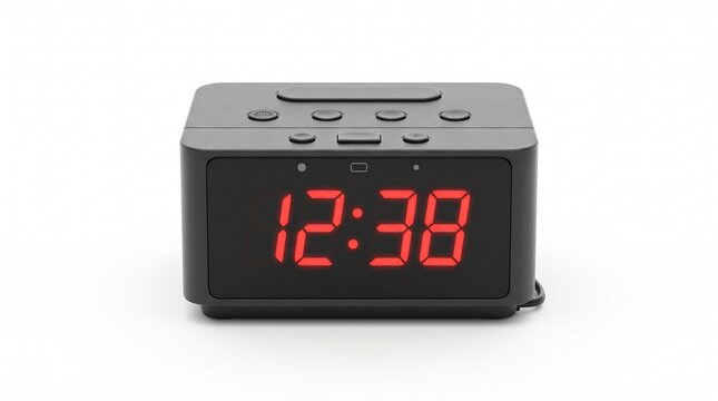 Modern black digital alarm clock displaying 12 38 with red LED numbers on a white background