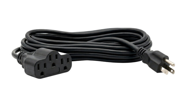Extension cord with long insulated cable, compact plug, and durable grounded socket end, designed for practical household power access. Photorealistic, front 3/4 view, horizontal orientation,