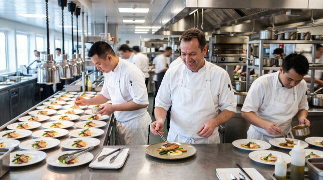 Professional chefs plating gourmet salmon dishes in a commercial galley kitchen