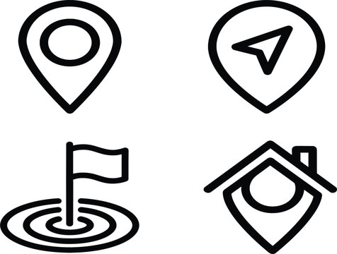 Map pin pointer navigation and target location line icon set featuring real estate vectors