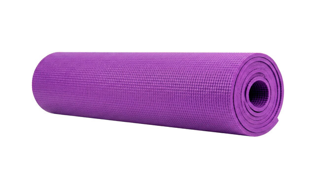 Rolled thick foam yoga mat in vibrant purple, featuring a textured non-slip surface and neatly aligned rolled edges. Photorealistic, side 3/4 view, horizontal orientation, ultra-high-resolution 8K, on