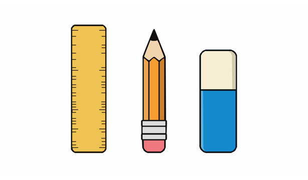 School stationery icons featuring ruler, sharp pencil, and eraser in flat vector illustration style