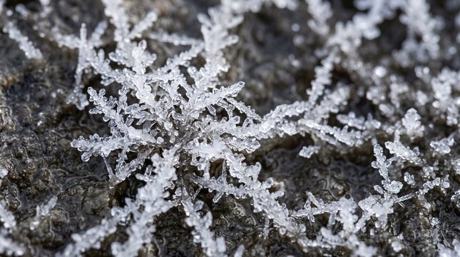 Macro view of crystalline formations growing in intricate snowflake patterns