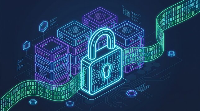 Isometric cyber security padlock with data server racks digital privacy protection and cloud networking