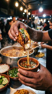 Delicious cheesy quesabirria taco dipped in hot savory consome at night market