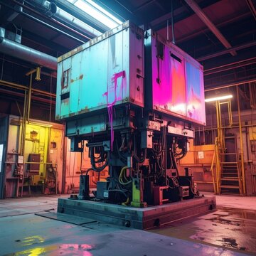 Factory machine illuminated by pink and purple neon lights.