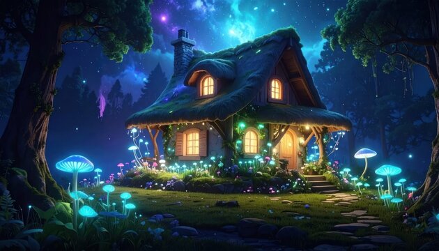 Fairy tale house in starry night forest clearing.