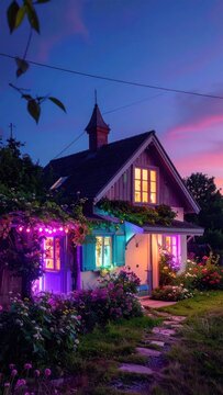 Fairytale cottage with stone path and neon garden
