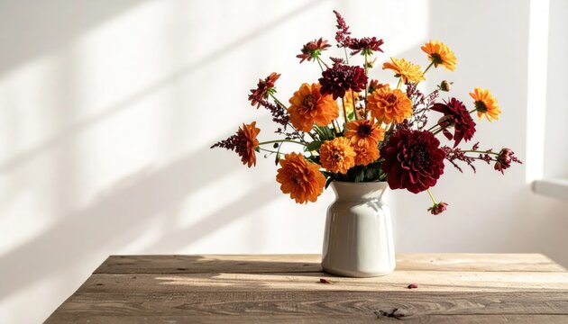 Fall flowers in ceramic vase on wooden desk.