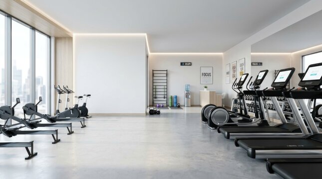 A modern gym interior features two treadmills and a stationary bike, alongside a pull-up bar and various fitness equipment. The room has large windows offering a city view.
