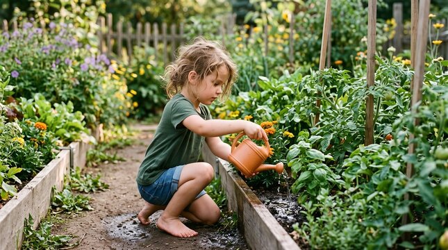 Young child watering plants in a lush garden with a small orange watering can
