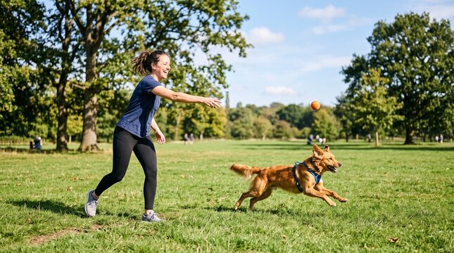 Woman throwing ball for energetic dog playing fetch in sunny park with trees and blue sky