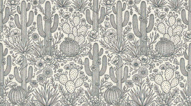 desert botanical illustration, cactus seamless pattern