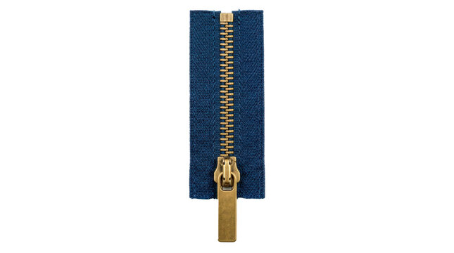 Metal clothing zipper with interlocking brass teeth, a sturdy sliding mechanism, and navy blue fabric tape edges. Photorealistic, top view, vertical orientation, ultra-high-resolution 8K, on a pure