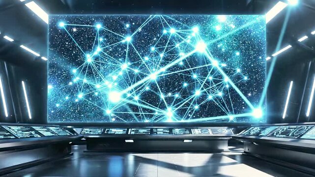 Futuristic spaceship command center with holographic data star map