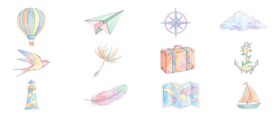 Obraz premium Watercolor travel clipart set icons featuring hot air balloon, paper airplane, compass, world map, sailboat, lighthouse, suitcase, feather, anchor and swallow for adventure design.