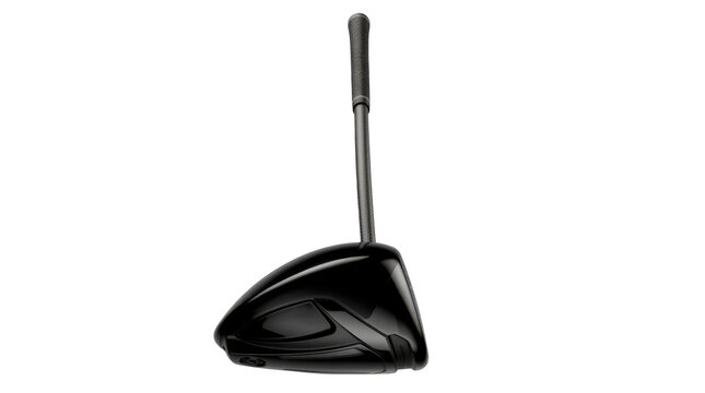 Titanium golf driver club with a massive aerodynamic head, a glossy black finish, and a flexible graphite shaft. Photorealistic, front 3/4 view, vertical orientation, ultra-high-resolution 8K, on a