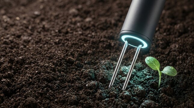 Soil moisture sensor probe in rich fertile earth with seedling copy space, precision agriculture iot technology module in seedbed for smart farming irrigation and agricultural research report