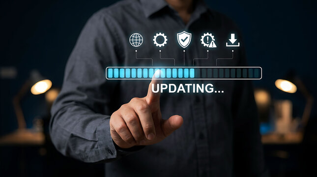 Businessman touching holographic software update interface screen in office