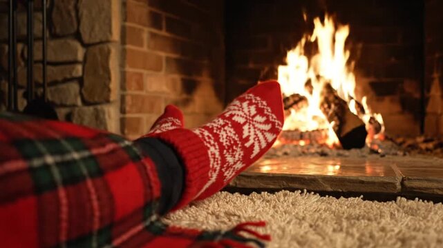 Cozy Warmth in Front of Fire Red Socks Relaxing by Fireplace