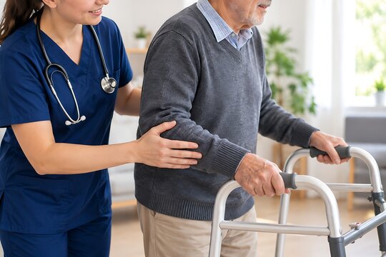 Young nurse helping elderly man walking with mobility walker in bright room providing care and physical assistance for senior patient at home recovery environment.