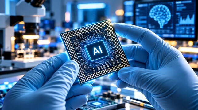 Electronic microchip with artificial intelligence logo held by scientist hands in laboratory setting focusing on semiconductor innovation and futuristic data science.